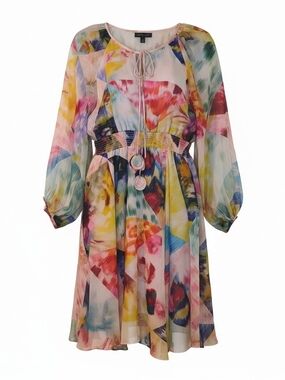 Joy Multicolor Abstract Print 100% Silk Midi Dress Size Small Luxury Coquette